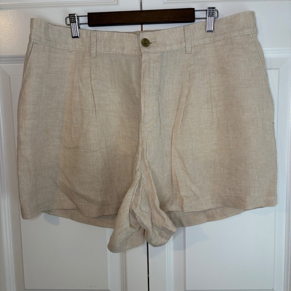 Lands End Women's High Rise 5in Inseam 100% Linen Shorts Flax Beige Pleated 18W